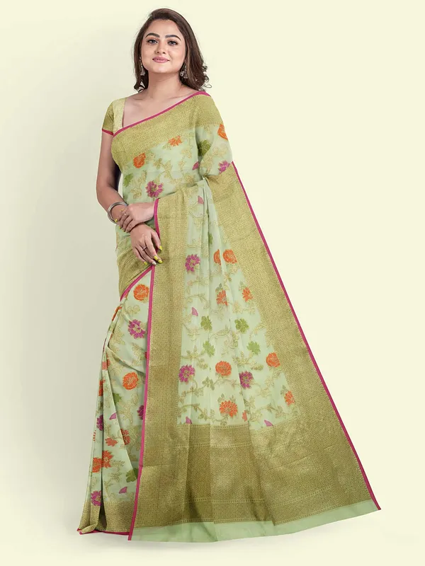 Green_Cotton_Blend_Banarasi_Sarees_For_Women