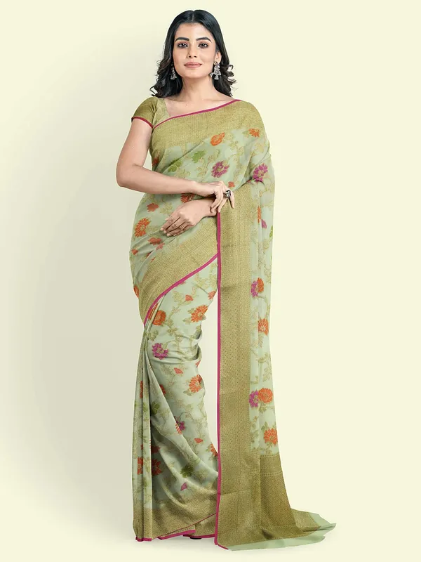 Green_Cotton_Blend_Banarasi_Sarees_For_Women