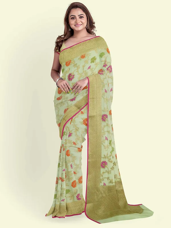 Green_Cotton_Blend_Banarasi_Sarees_For_Women