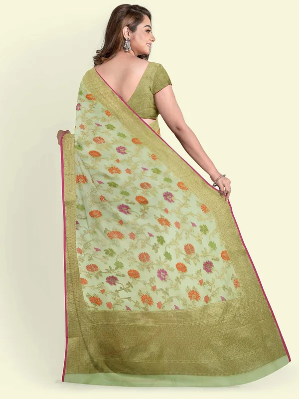 Green_Cotton_Blend_Banarasi_Sarees_For_Women