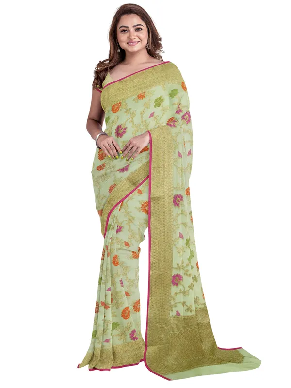 Green_Cotton_Blend_Banarasi_Sarees_For_Women