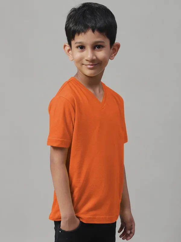 Orange_Cotton_Rib_V-Neck_Short_Sleeves_T-Shirt_For_Kids