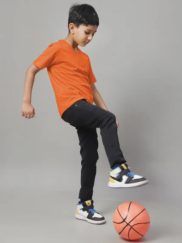 Orange_Cotton_Rib_V-Neck_Short_Sleeves_T-Shirt_For_Kids