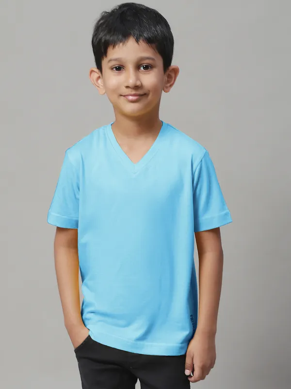 Turquoise_Blue_Cotton_Rib_V-Neck_Short_Sleeves_T-Shirt_For_Kids