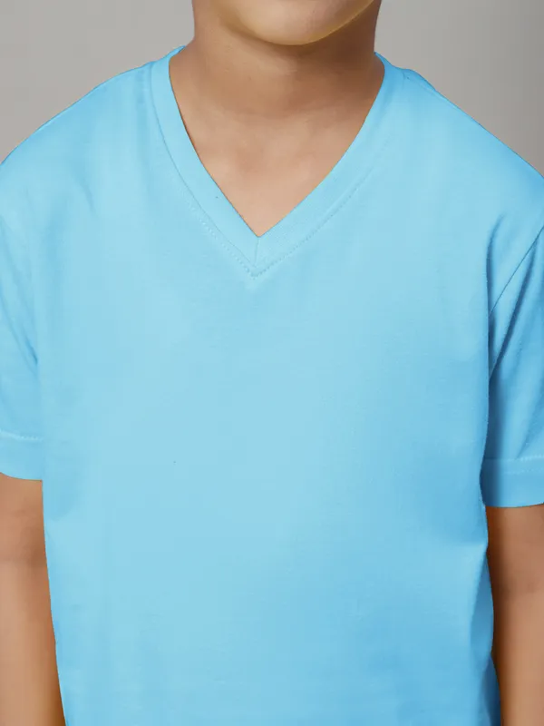 Turquoise_Blue_Cotton_Rib_V-Neck_Short_Sleeves_T-Shirt_For_Kids