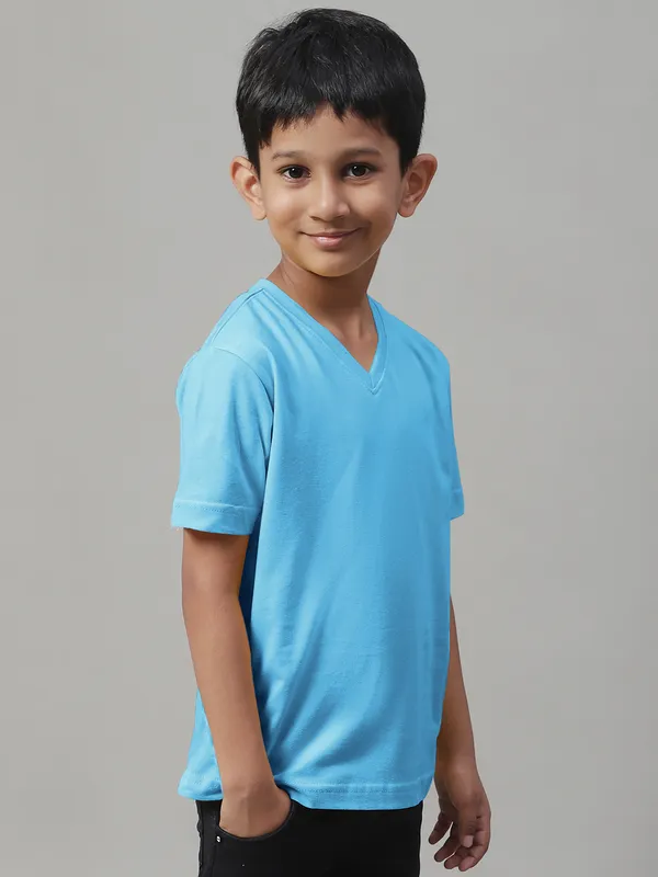 Turquoise_Blue_Cotton_Rib_V-Neck_Short_Sleeves_T-Shirt_For_Kids