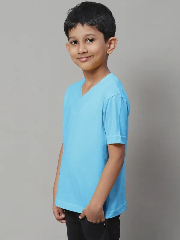 Turquoise_Blue_Cotton_Rib_V-Neck_Short_Sleeves_T-Shirt_For_Kids