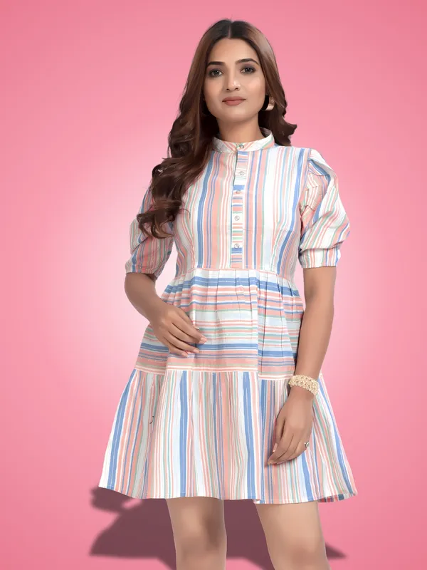 Blue_Cotton_Stripe_Pattern_Trendy_Puff_Sleeve_Dresses
