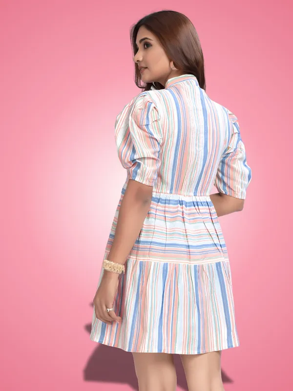 Blue_Cotton_Stripe_Pattern_Trendy_Puff_Sleeve_Dresses