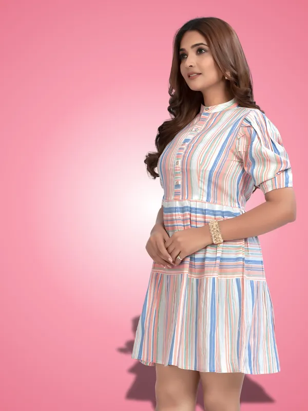 Blue_Cotton_Stripe_Pattern_Trendy_Puff_Sleeve_Dresses