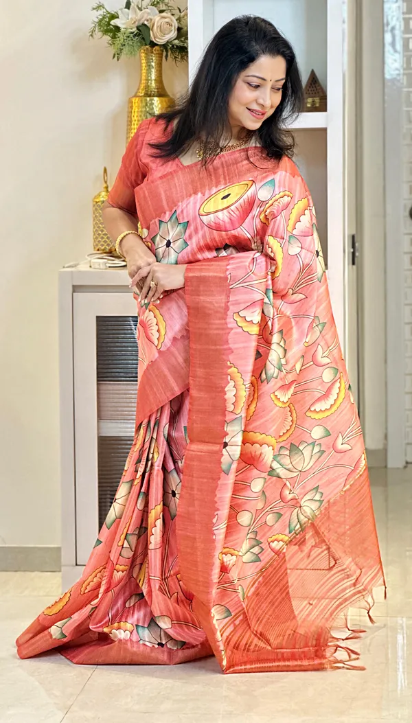 Darika_Peach_–_Aesthetic_Edit_for_You_|_Soft_Tussar_Silk_Saree_with_Print,_Pallu_&_Zari_Border_&_Contrast_Print_Blouse_with_Tassels