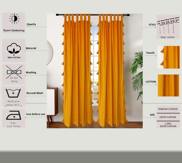 Pack_of_2_Cotton_Yellow_Sheer_Summer_fun_Tassel_Tab_Top_Curtain_Set_for_Window_and_Door