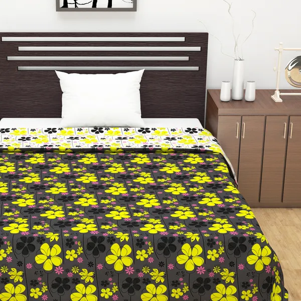 120_GSM_Polyester_Reversible_Lightweight_Printed_Single_Bed_AC_Dohar_Blanket_-_Black_and_Yellow