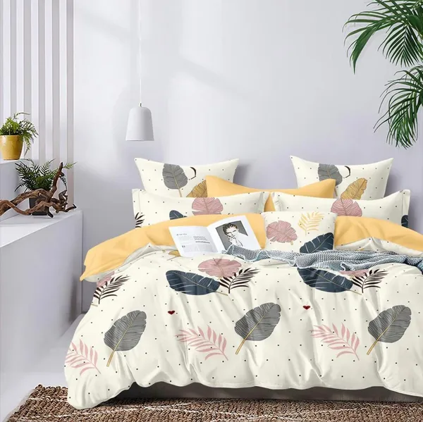 220TC_Combo_of_8_Pcs_Diwan_Set_Covers_and_Double_Bed_Bedsheet_with_2_Pillow_Covers_-_Beige_Leafs