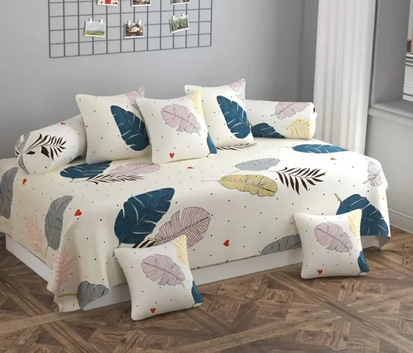 220TC_Combo_of_8_Pcs_Diwan_Set_Covers_and_Double_Bed_Bedsheet_with_2_Pillow_Covers_-_Beige_Leafs
