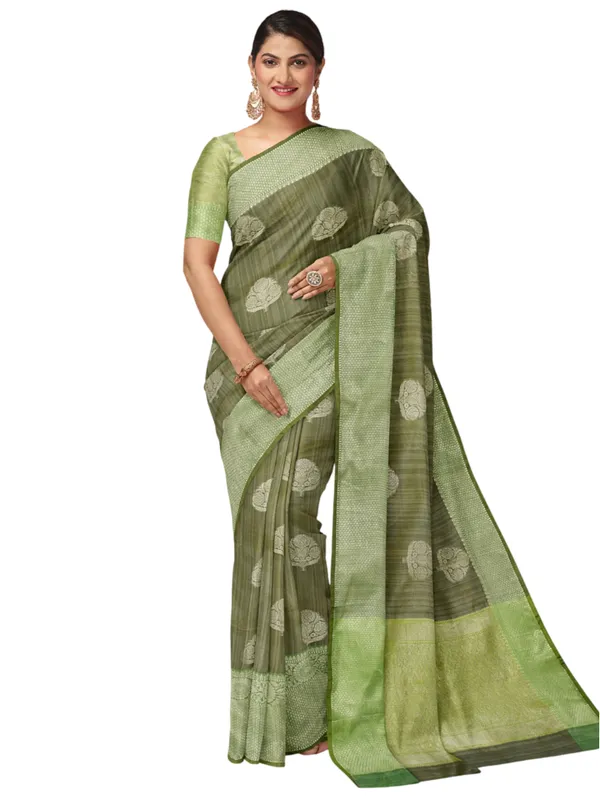 Rust_Green_Matka_Silk/Silk_Blend_Banarasi_Sarees_For_Women
