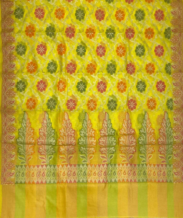 Humairah_Presents_Yellow_Semi_Georgette_Alfi_Mina_Floral_Zari_Jaal_Minakari_Zari_Border_with_Banarasi_Floral_Boota_Pallu_and_Yellow_Multi_Stripe_Blouse