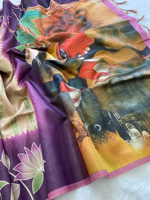 Nehal_Wine_–_Diwali_Special_|_Soft_Tussar_Silk_Saree_with_Print,_Border_&_Contrast_Print_Blouse_with_Tassels