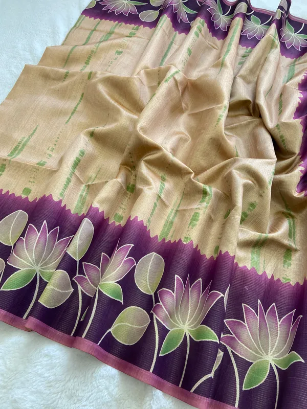 Nehal_Wine_–_Diwali_Special_|_Soft_Tussar_Silk_Saree_with_Print,_Border_&_Contrast_Print_Blouse_with_Tassels