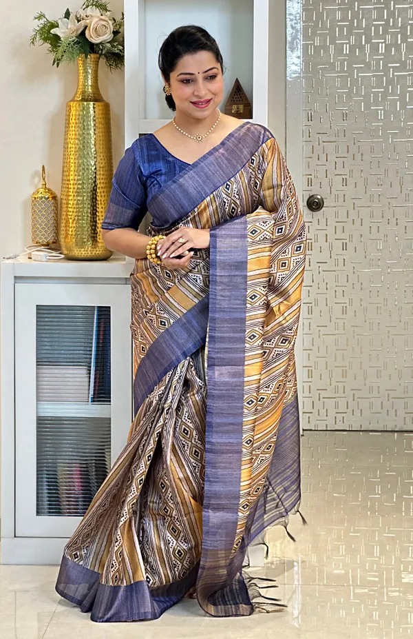 Barkha_Blue_&_Yellow_–_Monsoon_Fresh_Festive_Season_Special_|_Soft_Tussar_Silk_Saree_with_Print,_Pallu_&_Zari_Border_&_Contrast_Print_Blouse