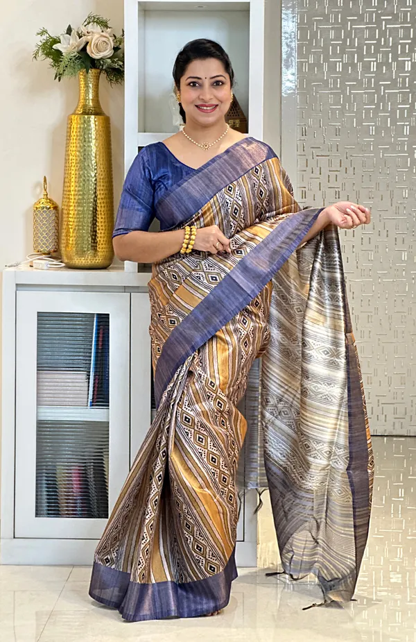 Barkha_Blue_&_Yellow_–_Monsoon_Fresh_Festive_Season_Special_|_Soft_Tussar_Silk_Saree_with_Print,_Pallu_&_Zari_Border_&_Contrast_Print_Blouse