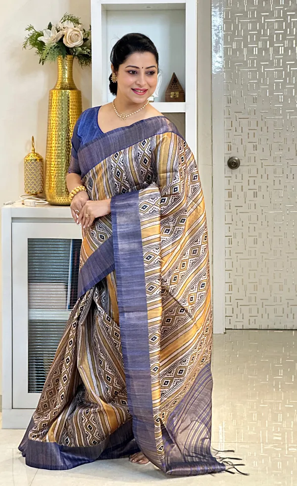 Barkha_Blue_&_Yellow_–_Monsoon_Fresh_Festive_Season_Special_|_Soft_Tussar_Silk_Saree_with_Print,_Pallu_&_Zari_Border_&_Contrast_Print_Blouse
