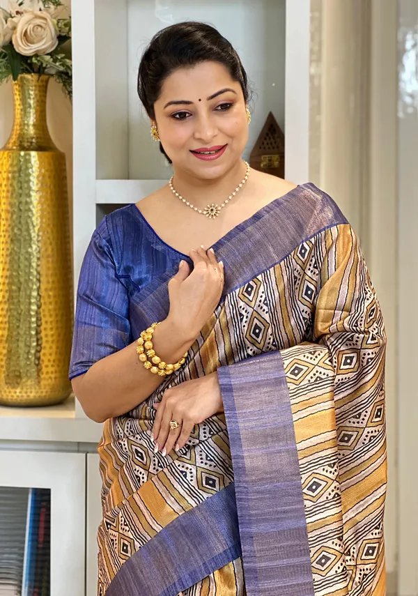 Barkha_Blue_&_Yellow_–_Monsoon_Fresh_Festive_Season_Special_|_Soft_Tussar_Silk_Saree_with_Print,_Pallu_&_Zari_Border_&_Contrast_Print_Blouse