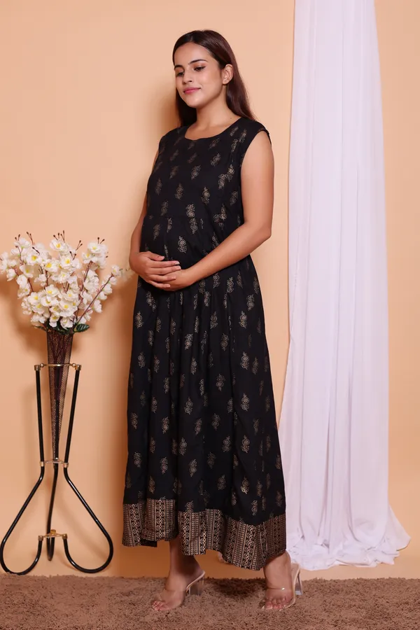 PregyFed_Rayon_Printed_Maternity_Wear_Gown_Having_Conceled_Zip_for_Feeding_with_Jacket