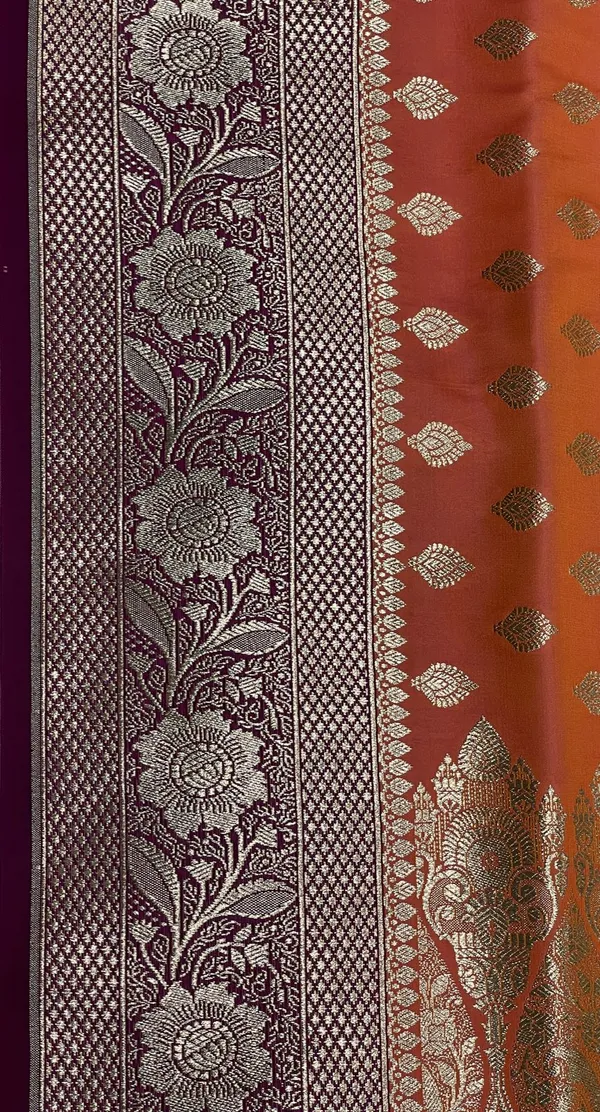 Humairah_Presents_Orange_Satin_Silk_Floral_Zari_Booti_with_Contrast_Purple_2D_Silver_Zari_Border_with_Purple_Blouse