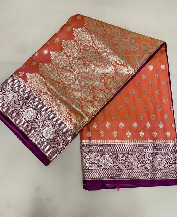 Humairah_Presents_Orange_Satin_Silk_Floral_Zari_Booti_with_Contrast_Purple_2D_Silver_Zari_Border_with_Purple_Blouse