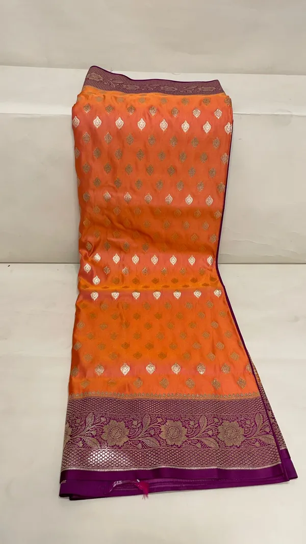 Humairah_Presents_Orange_Satin_Silk_Floral_Zari_Booti_with_Contrast_Purple_2D_Silver_Zari_Border_with_Purple_Blouse