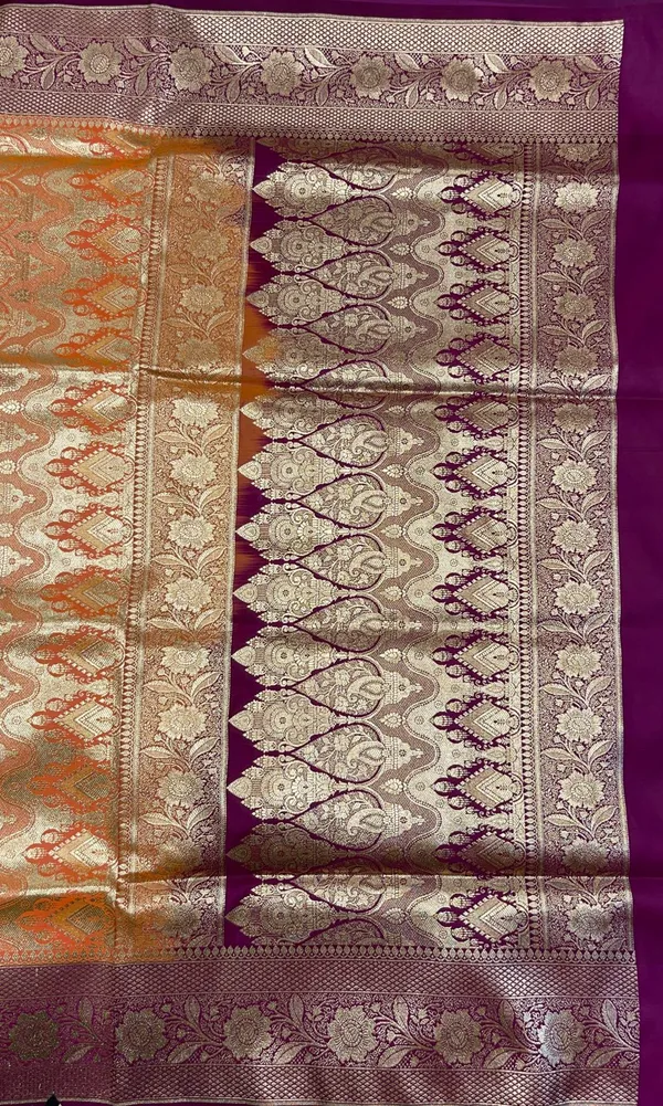 Humairah_Presents_Orange_Satin_Silk_Floral_Zari_Booti_with_Contrast_Purple_2D_Silver_Zari_Border_with_Purple_Blouse