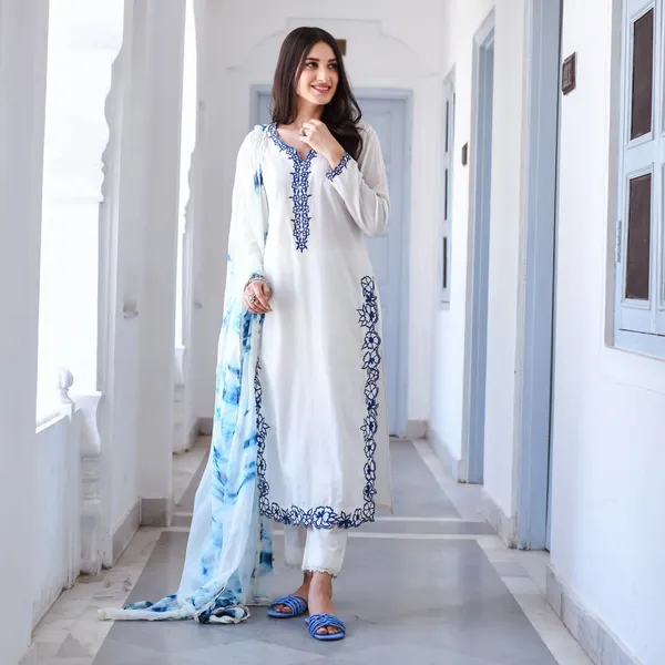 White_Cotton__Fit_Solid_Kurta_Pant_And_Dupatta_Set_For_Women