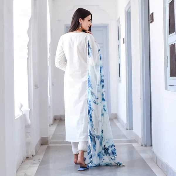 White_Cotton__Fit_Solid_Kurta_Pant_And_Dupatta_Set_For_Women