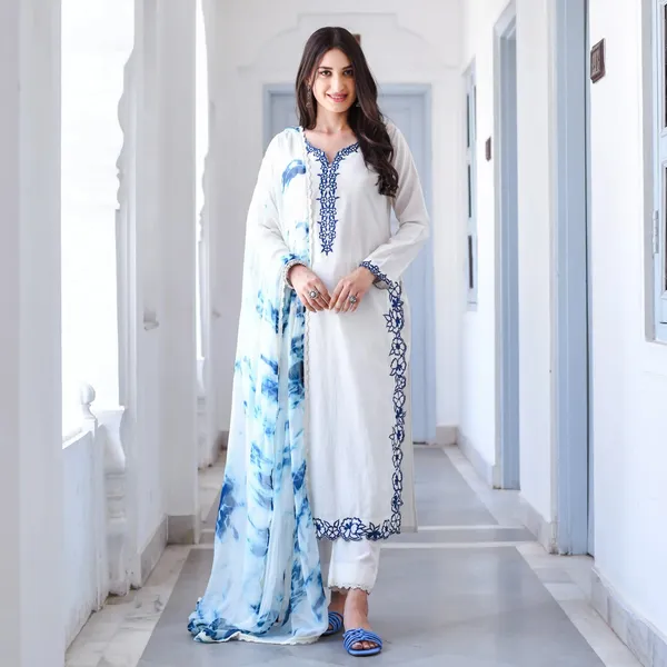 White_Cotton__Fit_Solid_Kurta_Pant_And_Dupatta_Set_For_Women