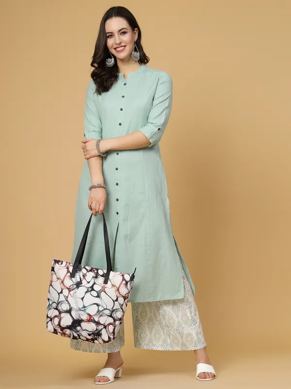 Green_Cotton_Solid_Kurta_With_Printed_Flair_Palazzo_Bottom_Set
