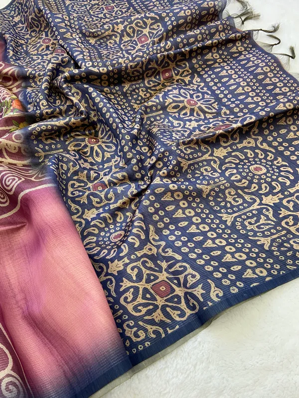 Navi_Blue_&_Pink_–_Fresh_Festive_Season_Special_|_Soft_Tussar_Silk_Saree_with_Print,_Pallu_&_Contrast_Print_Blouse_with_Tassels