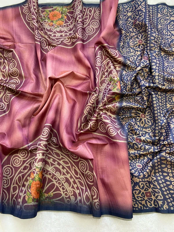 Navi_Blue_&_Pink_–_Fresh_Festive_Season_Special_|_Soft_Tussar_Silk_Saree_with_Print,_Pallu_&_Contrast_Print_Blouse_with_Tassels