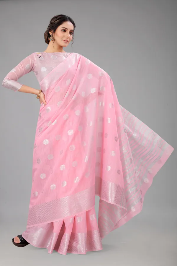 Pink_Pure_Soft_Linen_Saree_With_Silver_Zari_Butta_For_Women