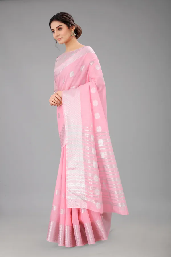 Pink_Pure_Soft_Linen_Saree_With_Silver_Zari_Butta_For_Women