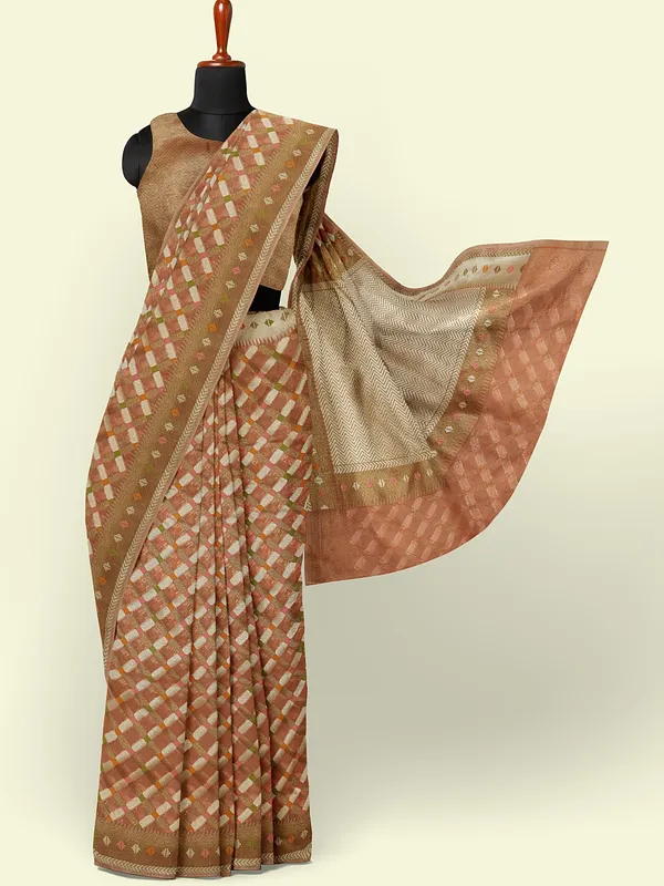 Peach_Cotton_Blend_Banarasi_Sarees_For_Women