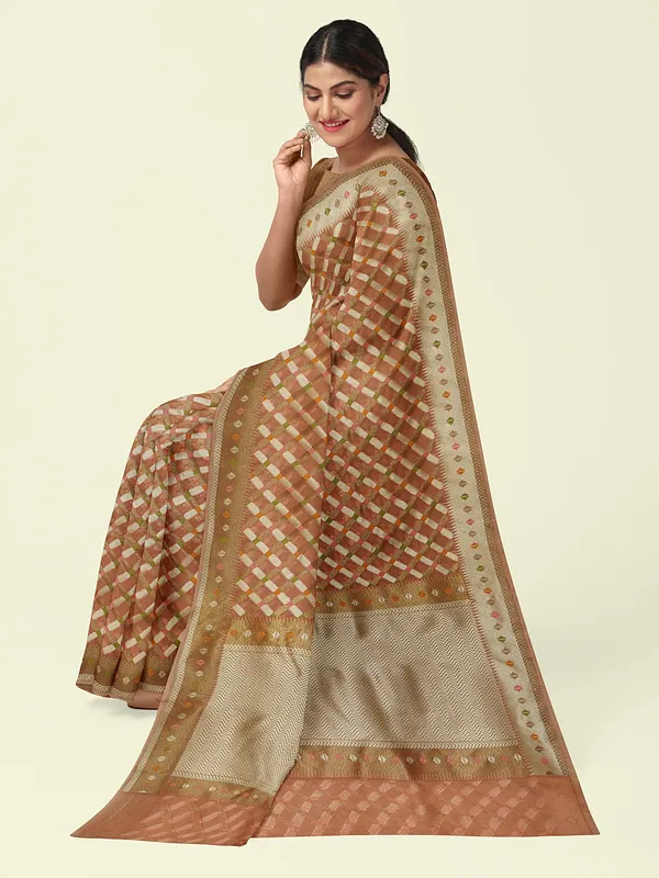 Peach_Cotton_Blend_Banarasi_Sarees_For_Women