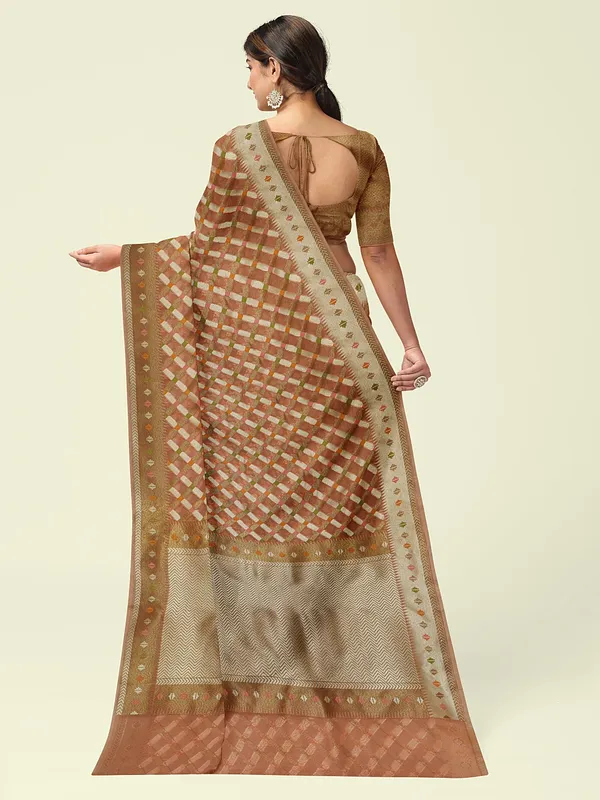Peach_Cotton_Blend_Banarasi_Sarees_For_Women