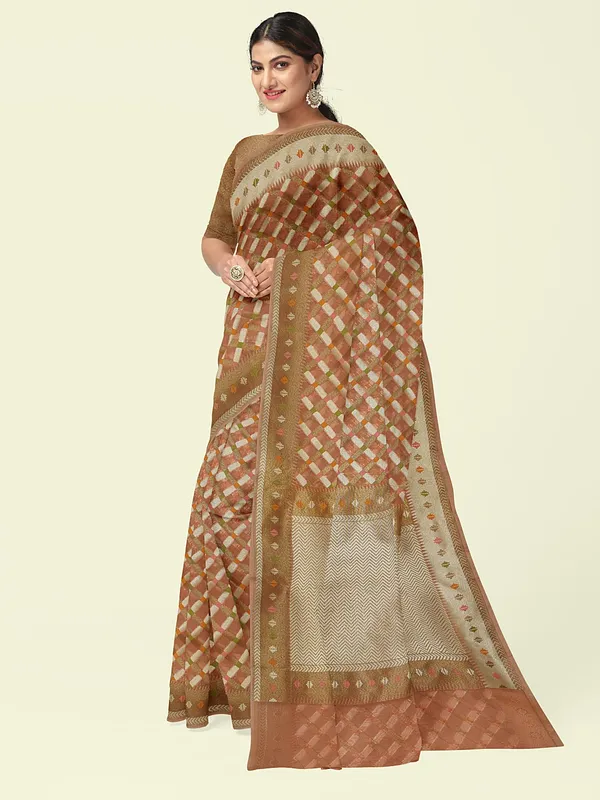 Peach_Cotton_Blend_Banarasi_Sarees_For_Women