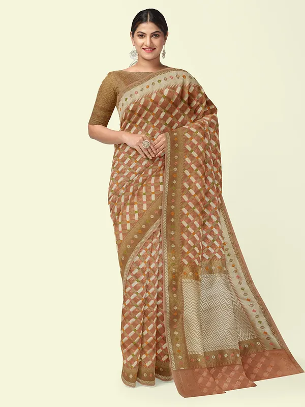 Peach_Cotton_Blend_Banarasi_Sarees_For_Women