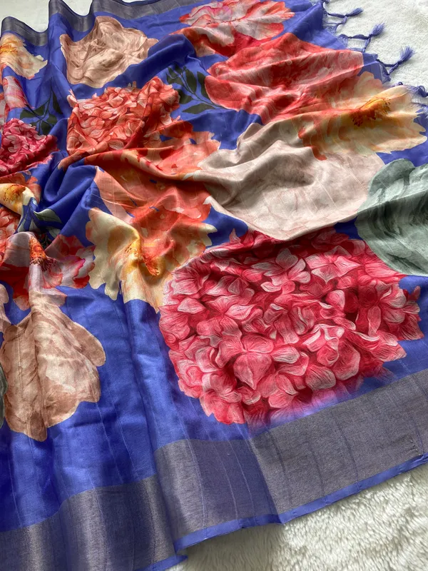 Shrishti_Blue_–_Creative_Navratri_Special_|_Soft_Tussar_Silk_Saree_with_Print,_Border_&_Contrast_Print_Blouse_with_Tassels
