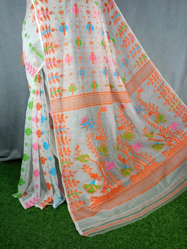 White_Self_Design_Jamdani_Cotton_Silk_Saree