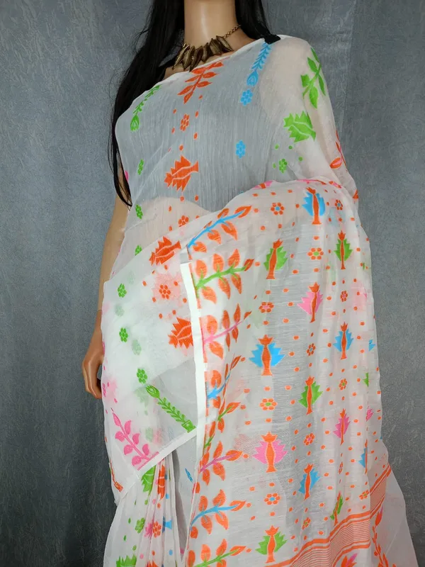 White_Self_Design_Jamdani_Cotton_Silk_Saree