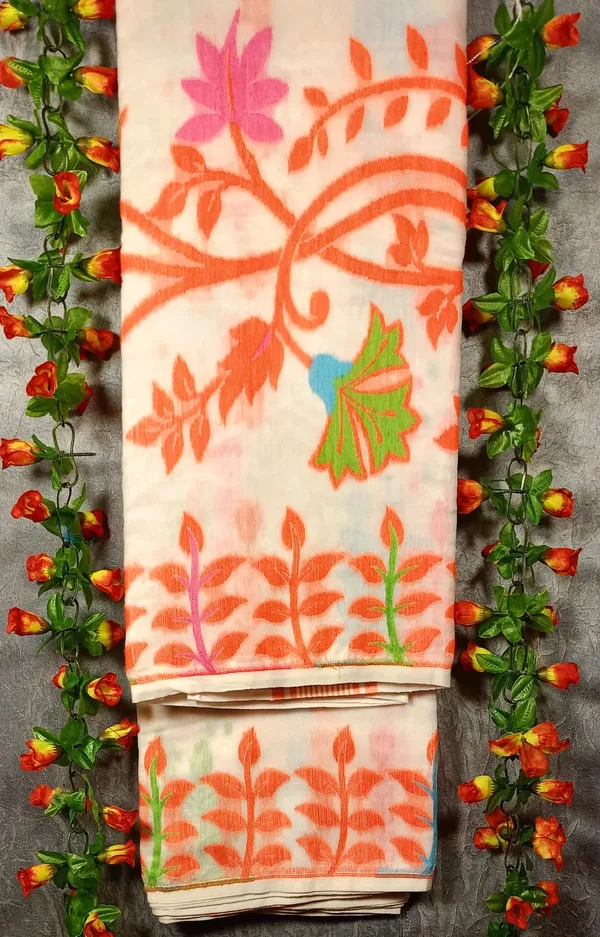 White_Self_Design_Jamdani_Cotton_Silk_Saree