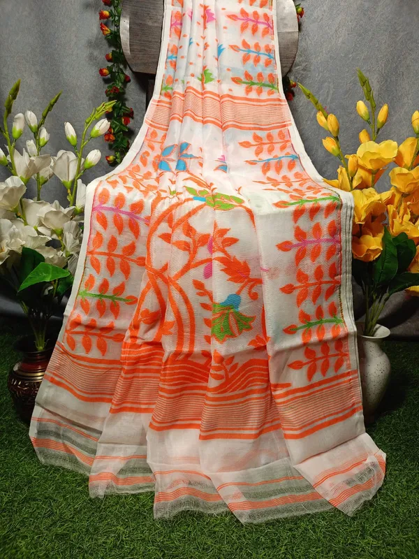 White_Self_Design_Jamdani_Cotton_Silk_Saree